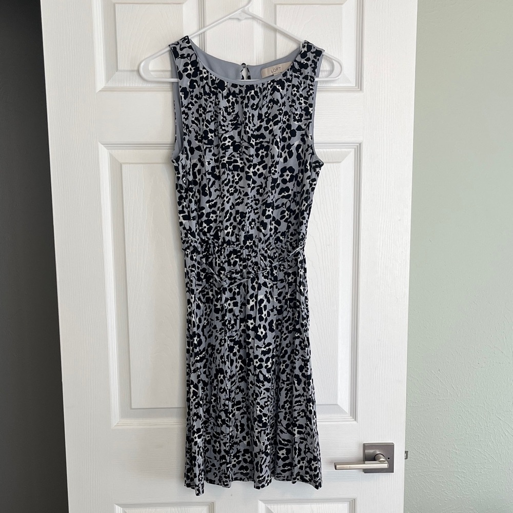 LOFT Black and Blue/Gray Print Midi Dress